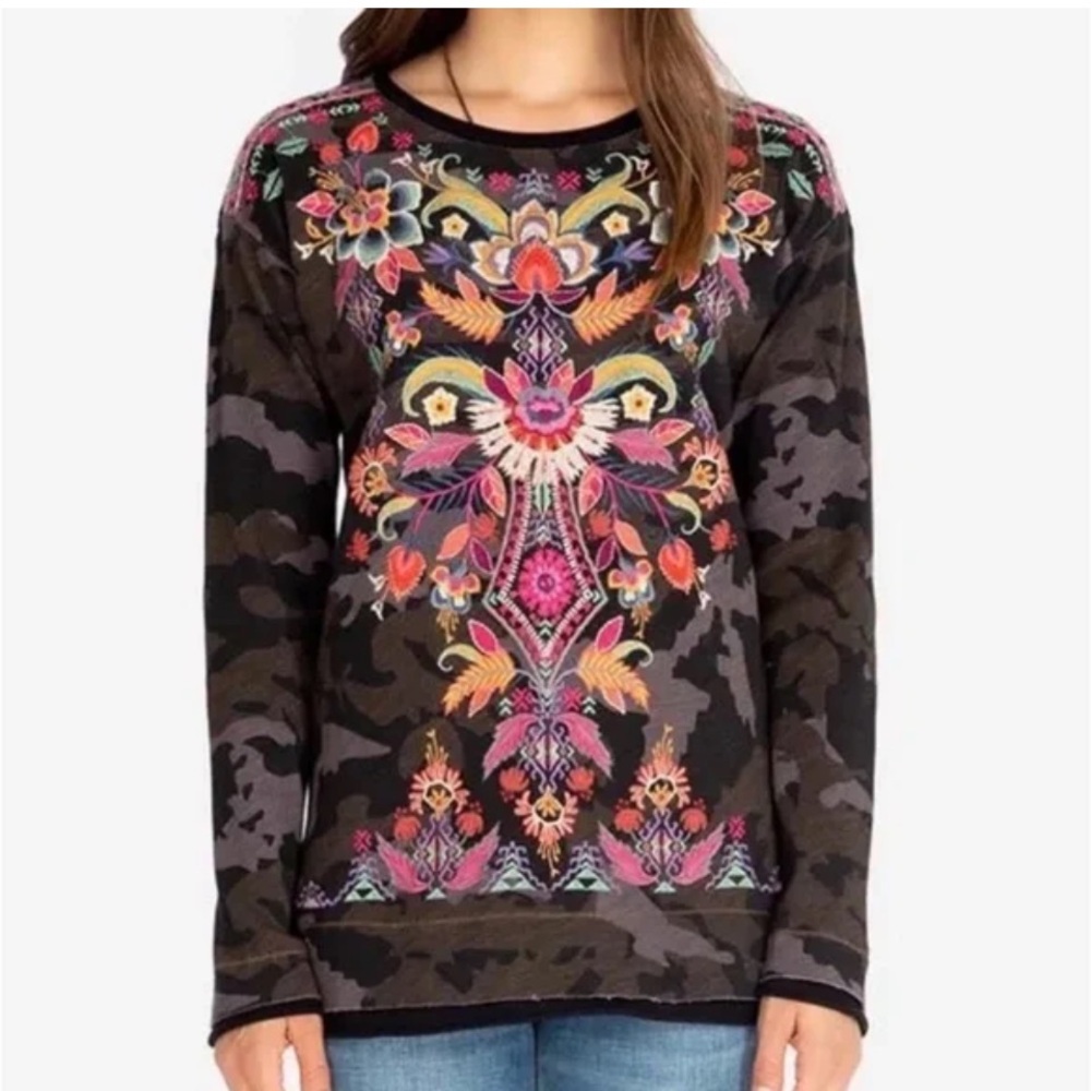 Johnny Was Ioana Long Sleeve Thermal Dark Camo S NWT MSRP $195.00